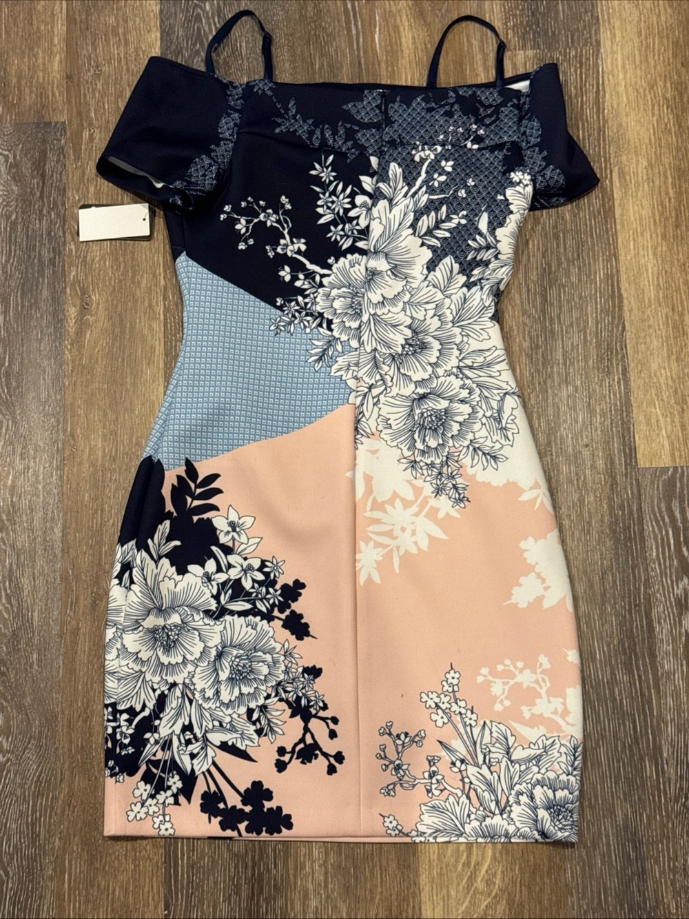 Guess Off-the-Shoulder Floral Panel Mini Dress in Navy and Cream - Picture 9 of 15